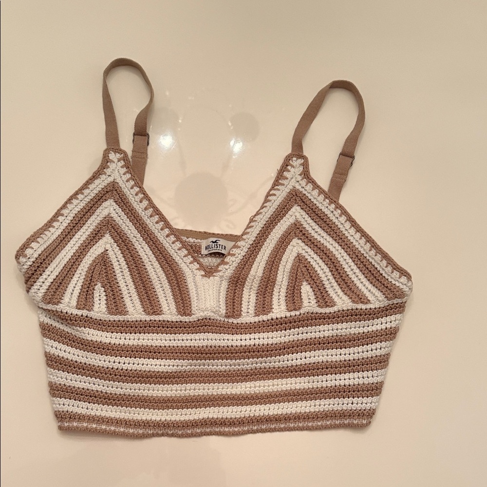 Hollister Crochet Knit Top in Brown and Cream